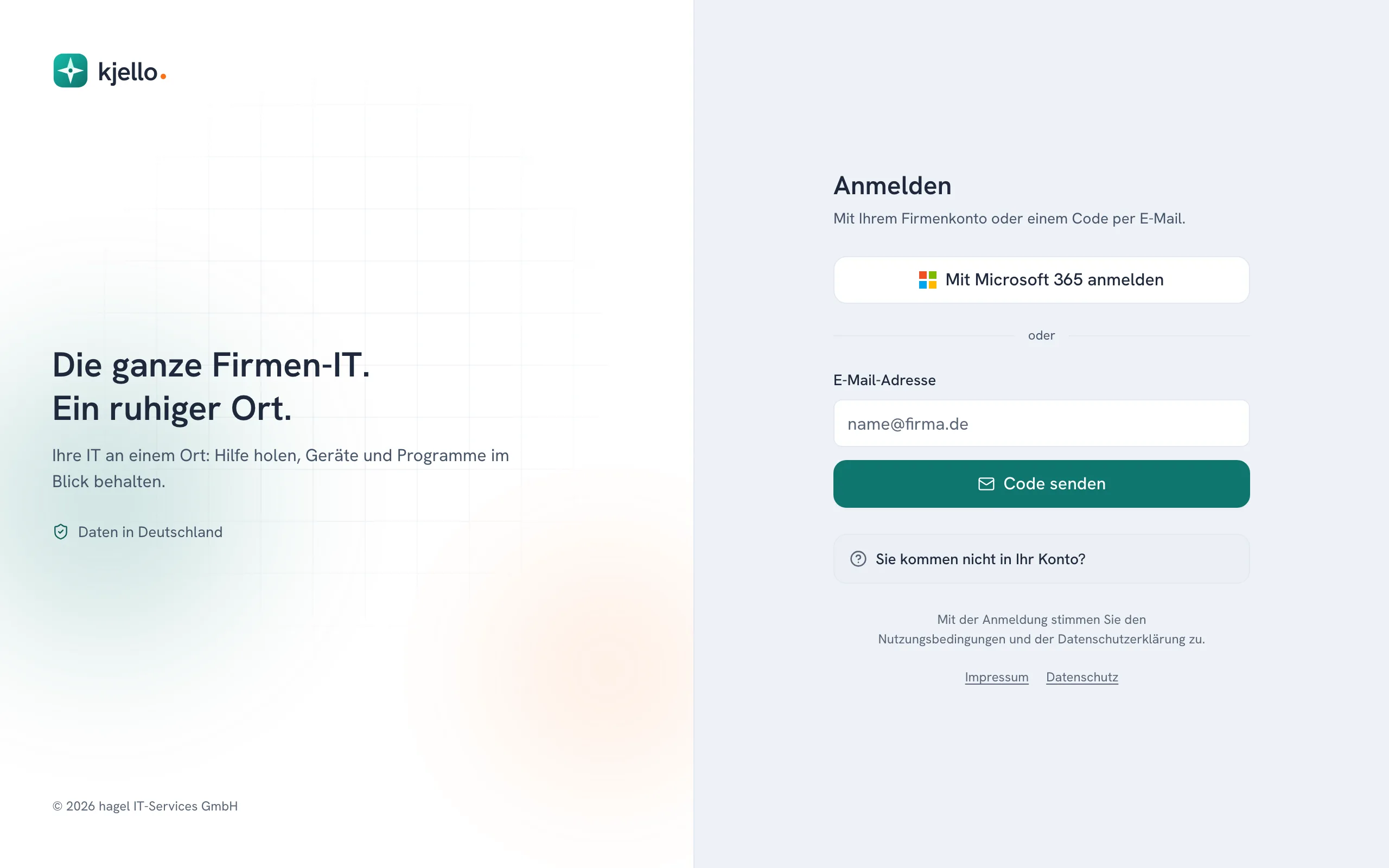 Anmeldeseite von kjello mit dem Feld für die Firmen-E-Mail-Adresse und dem Knopf Weiter