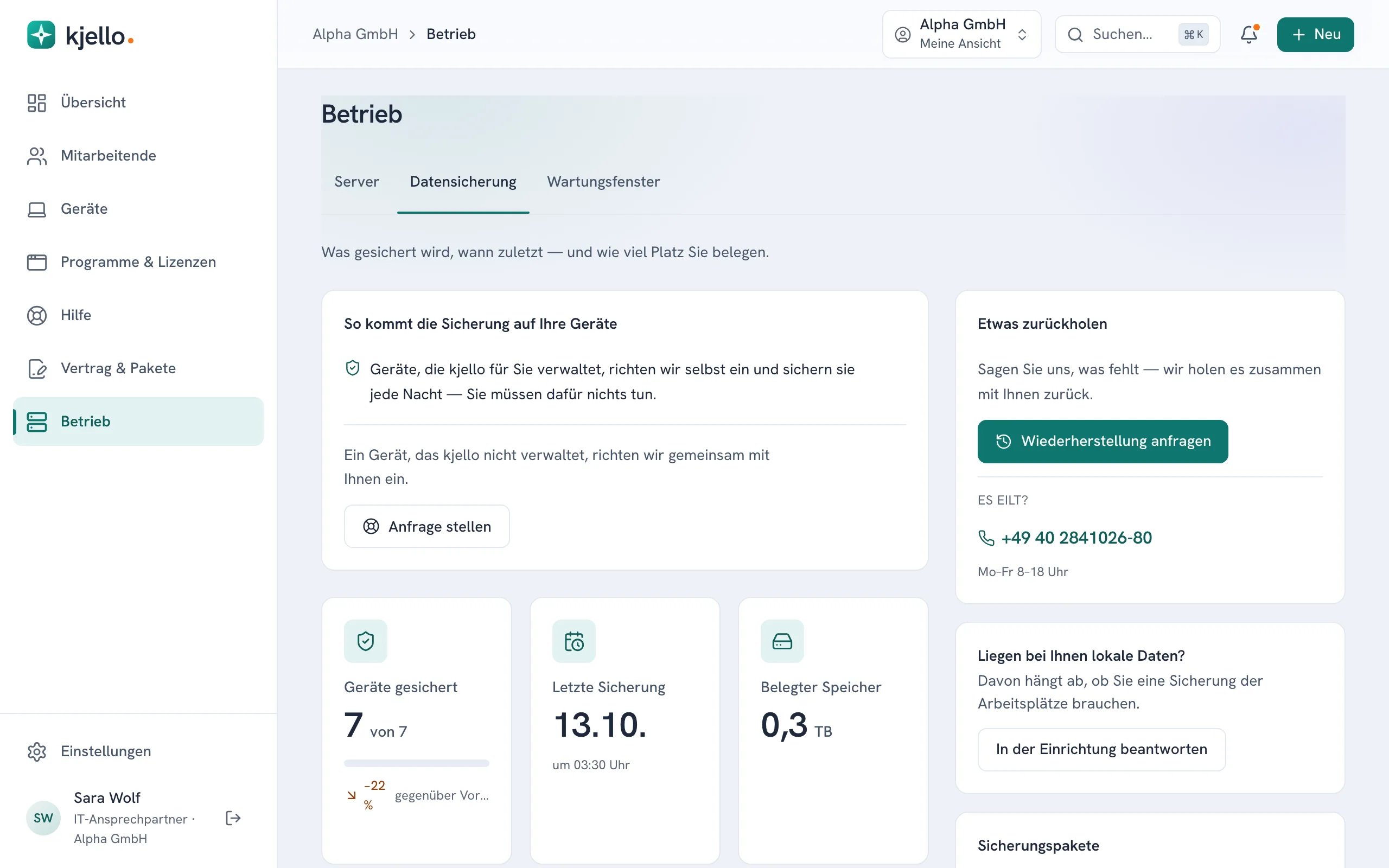 Betrieb, Reiter Datensicherung, mit dem Stand der letzten Sicherungen