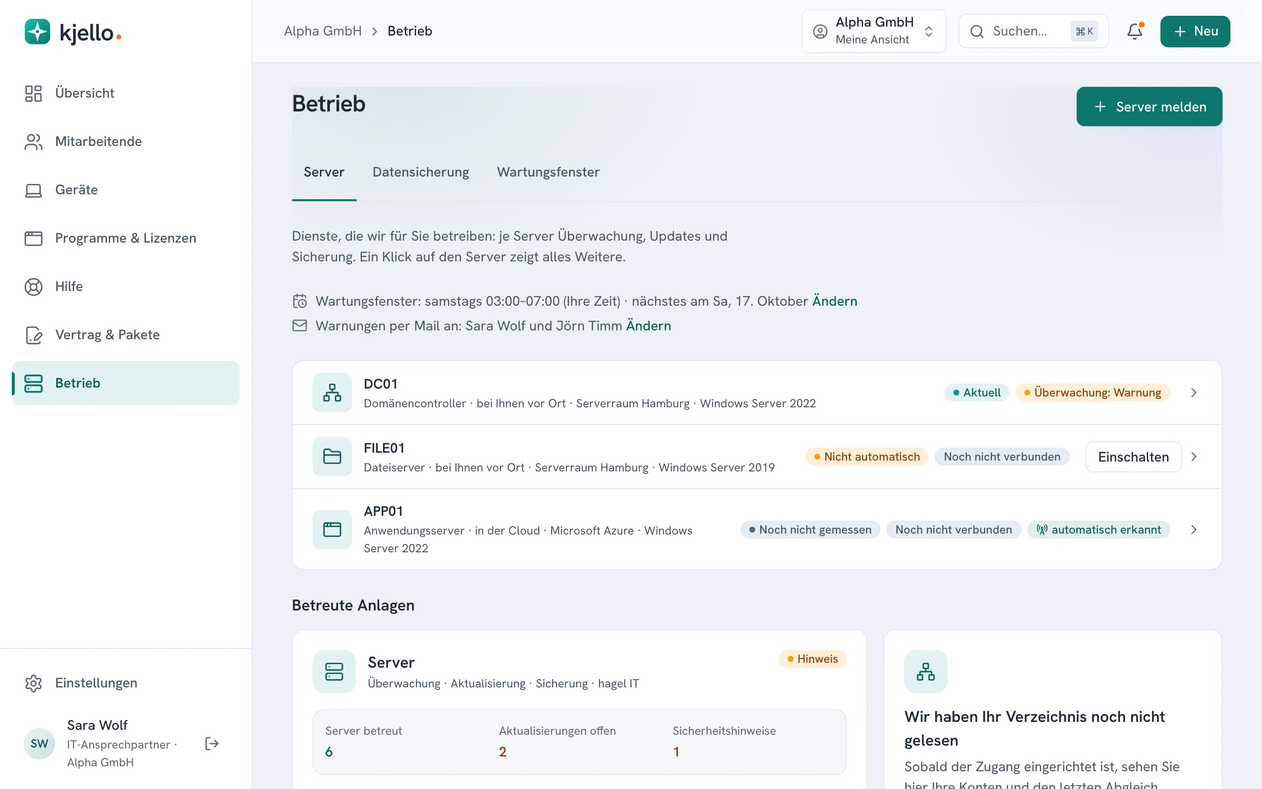Betrieb, Reiter Server, mit jedem Server und seinem Update-Stand