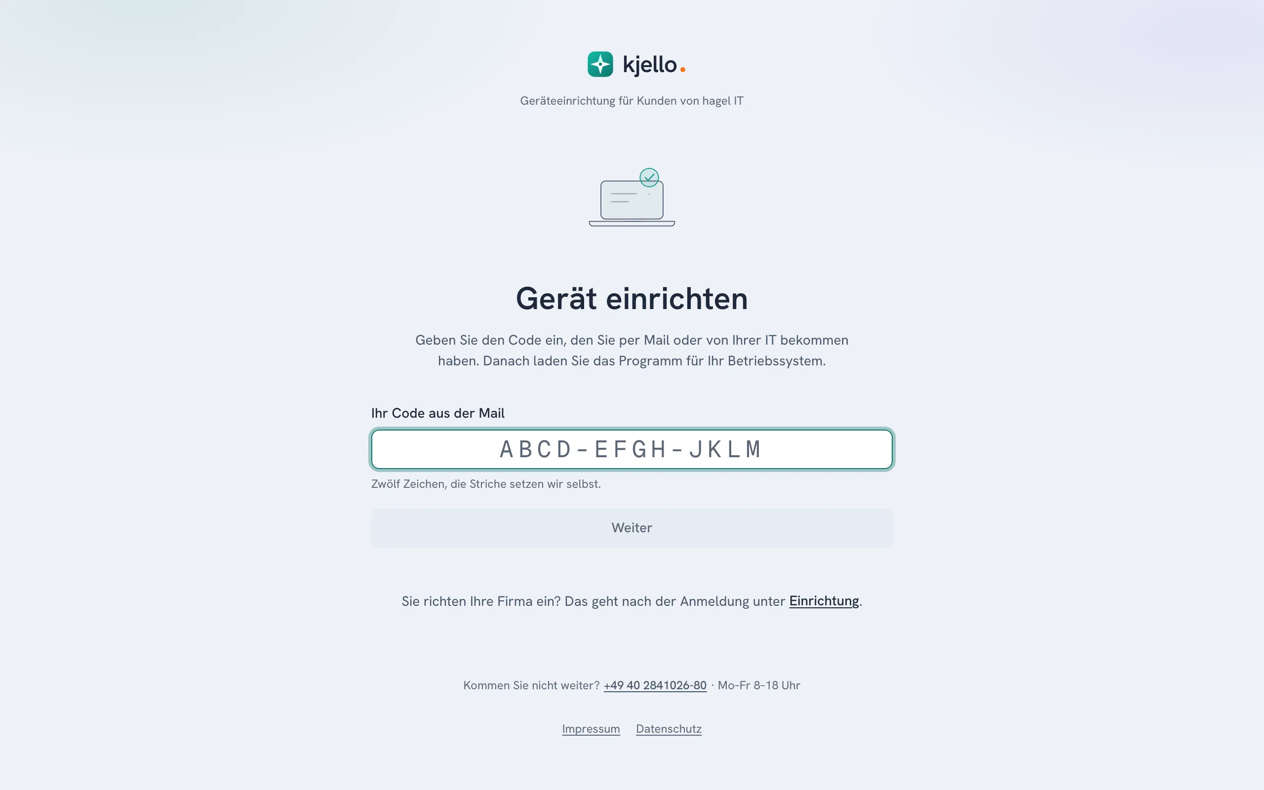 Seite „Gerät einrichten“ mit dem Eingabefeld für den Code
