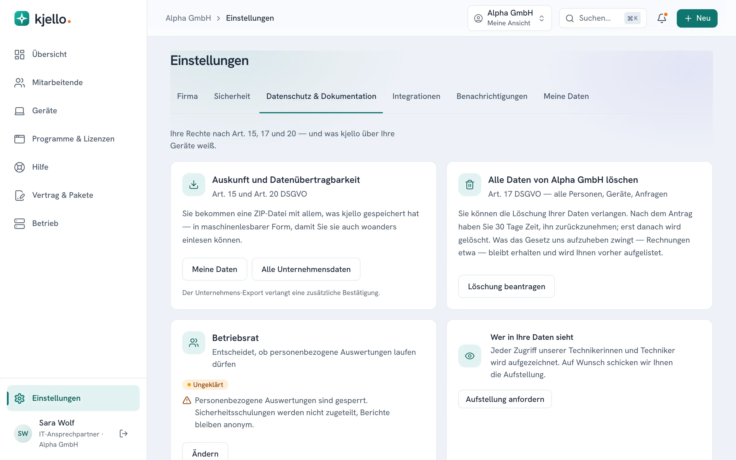 Einstellungen, Reiter Datenschutz & Dokumentation: Auskunft und Datenübertragbarkeit links, Löschung beantragen rechts