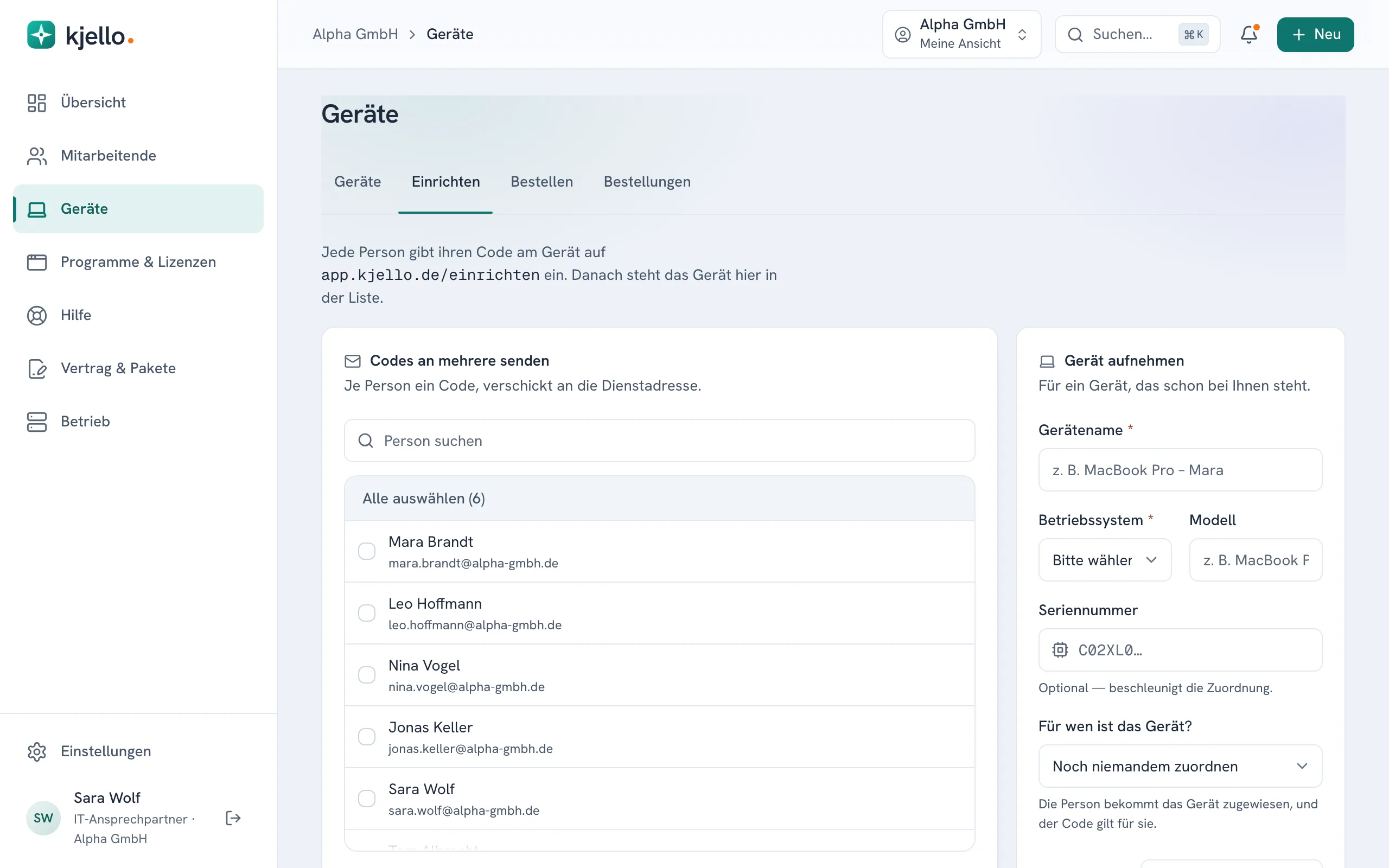 Geräte, Reiter Einrichten: links Codes an mehrere senden mit Personenliste, rechts Gerät aufnehmen