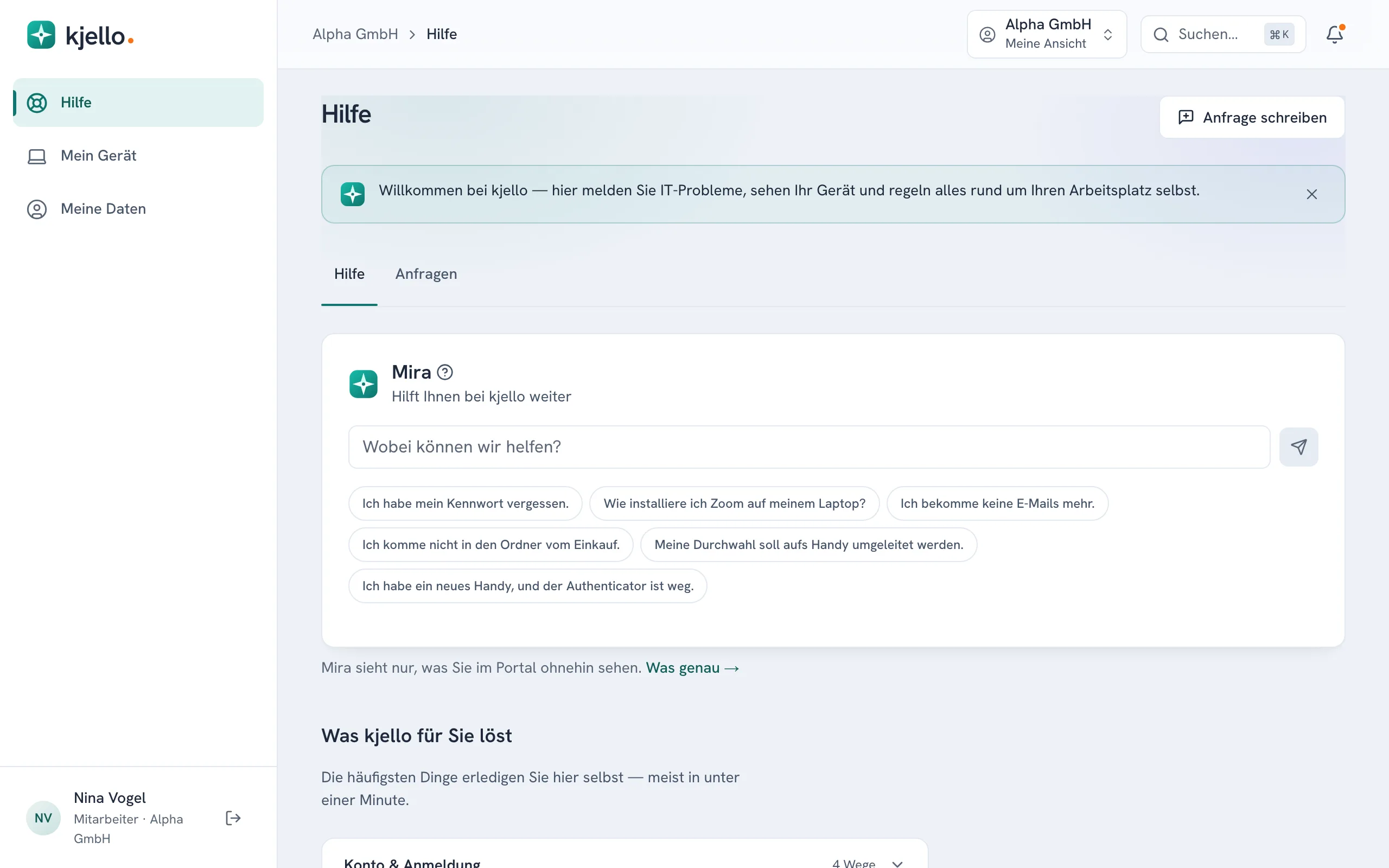 Portal aus Sicht eines Mitarbeiters: links nur Hilfe, Mein Gerät und Meine Daten