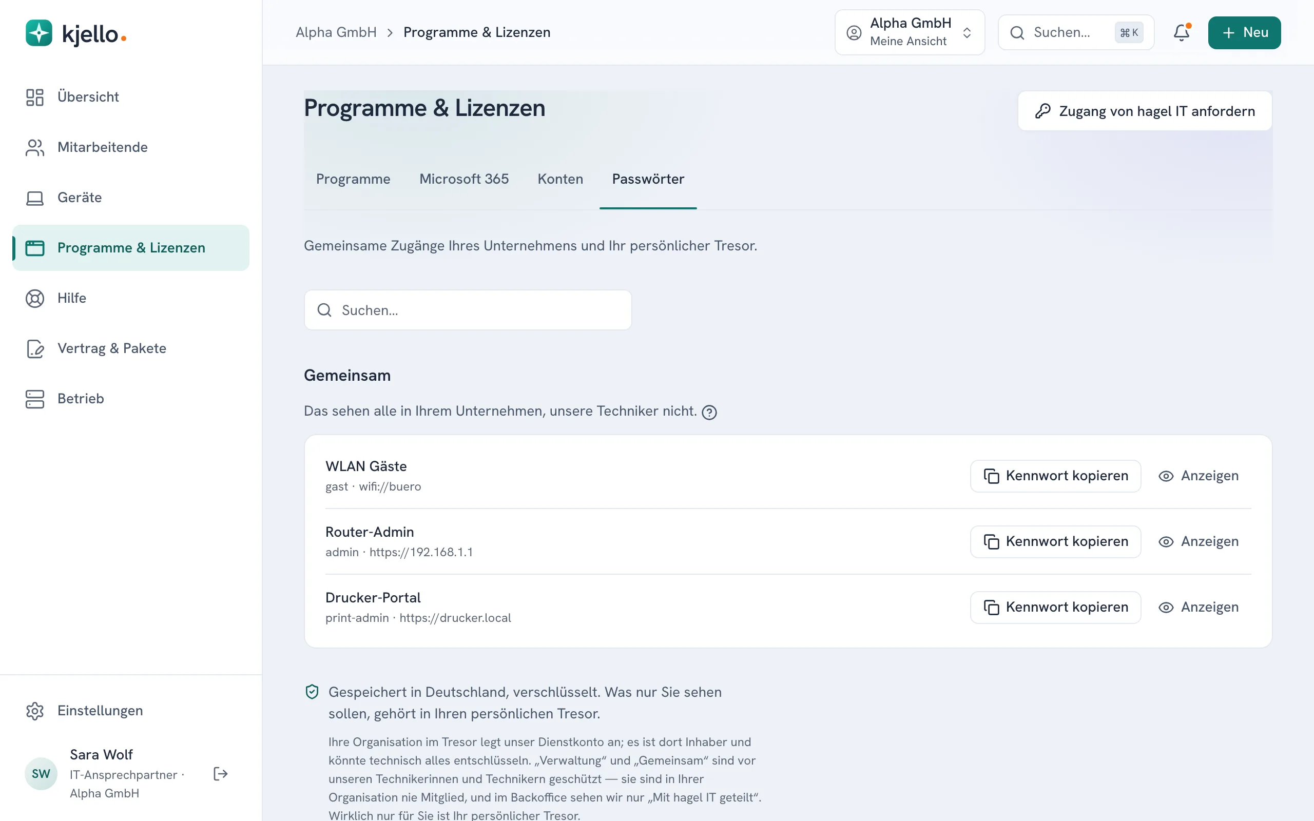 Programme & Lizenzen, Reiter Passwörter