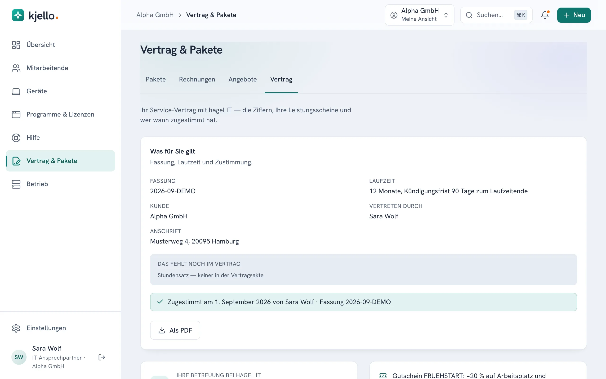 Vertrag & Pakete, Reiter Vertrag: Fassung, Laufzeit, Zustimmung und der Knopf Als PDF